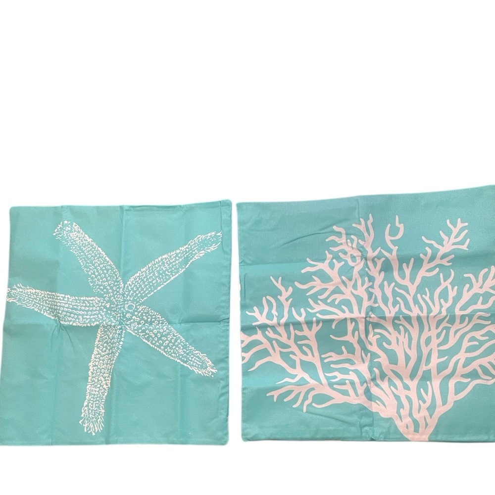Coastal Turquoise Coral & Starfish Accent Pillow Covers 18” square